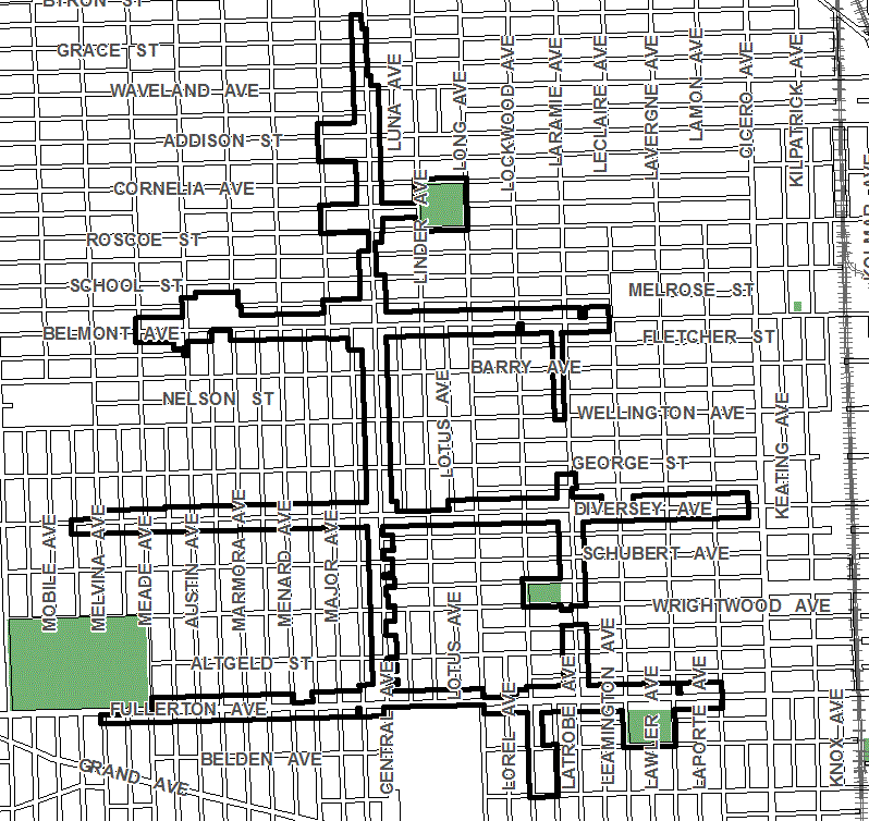 Belmont/Central TIF district, roughly bounded on the north by Byron Street, Palmer Street on the south, Lamon Avenue on the east, and Meade Avenue on the west.